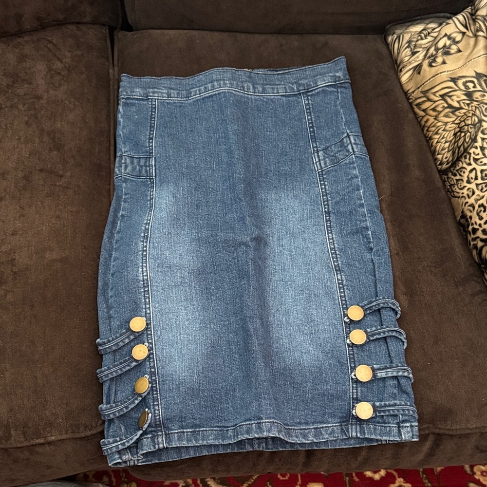 bebe Blue Denim Skirt with Gold Button Accents